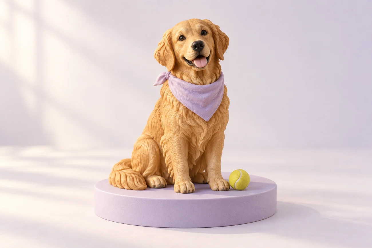 Illustrative golden retriever keepsake with a lavender bandana